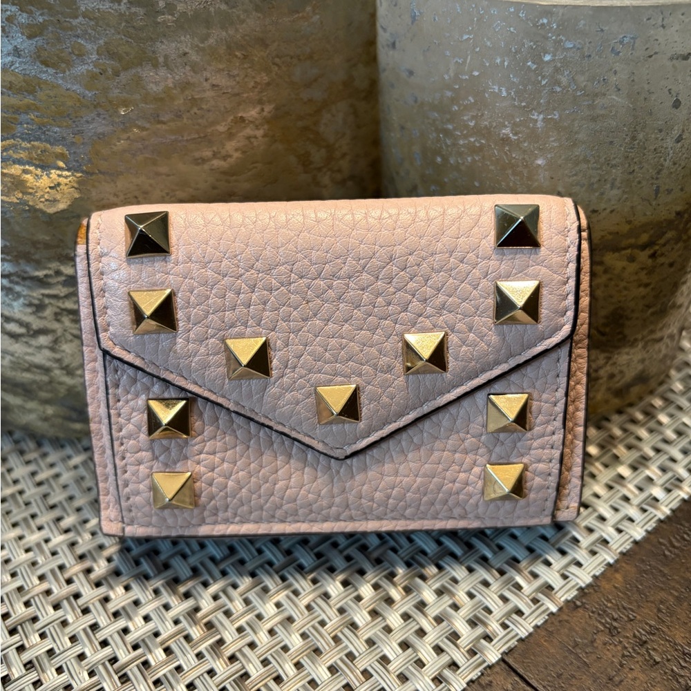 Valentino Rockstud Pink Leather Mini Compact Stud Trifold Wallet